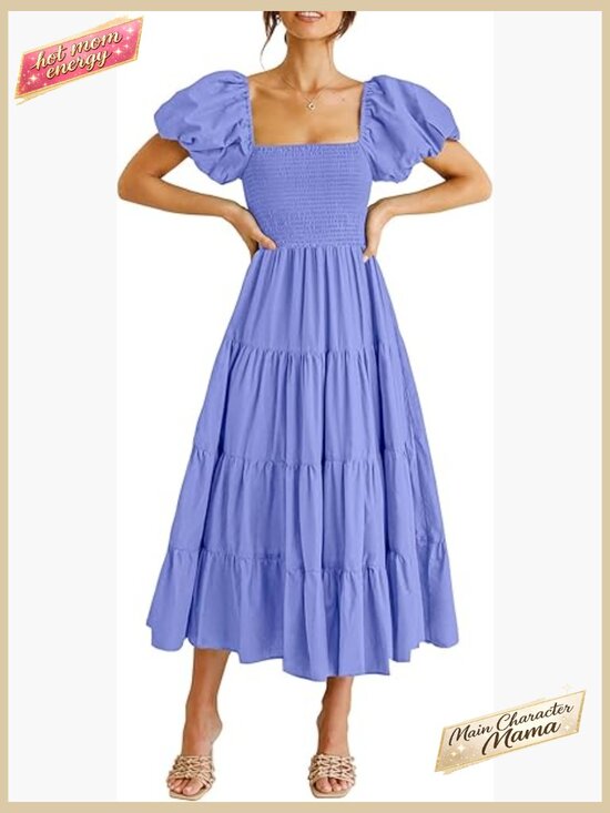 Dresses & Skirts - Tiered Square Neck Puffy Sleeve Midi Dress Smocked A-Line Spring Casual